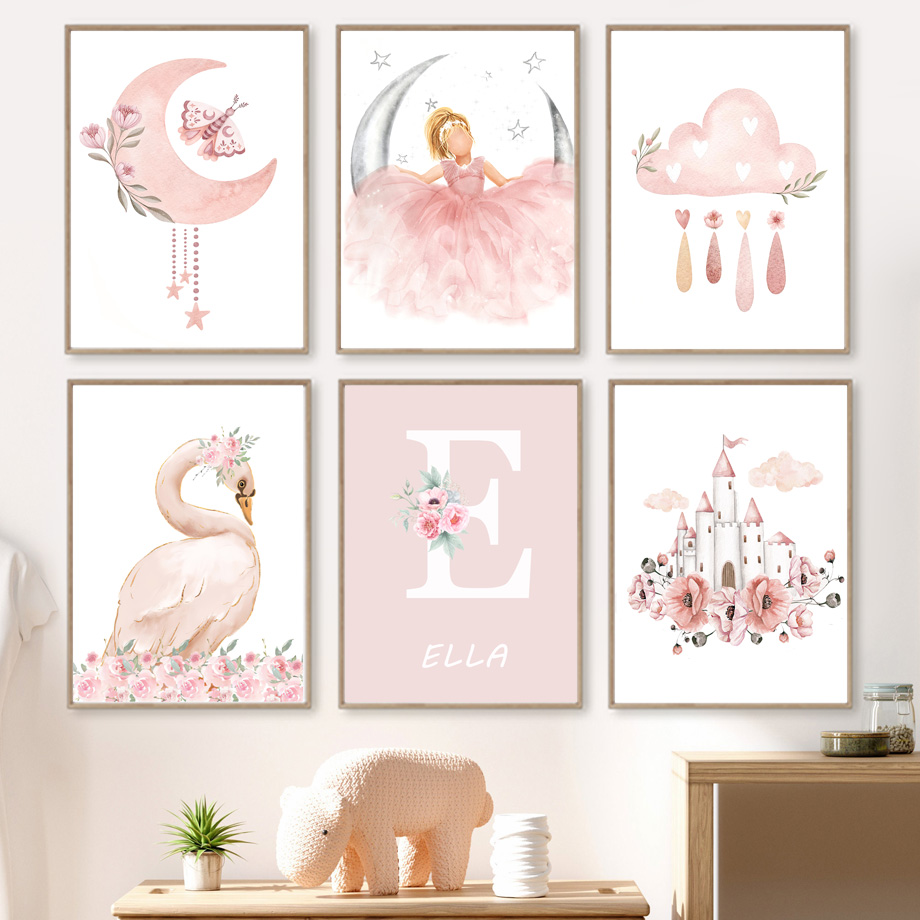Baby Nursery Animal Prints - Roze Engel Meisje Zon Maan Wolk