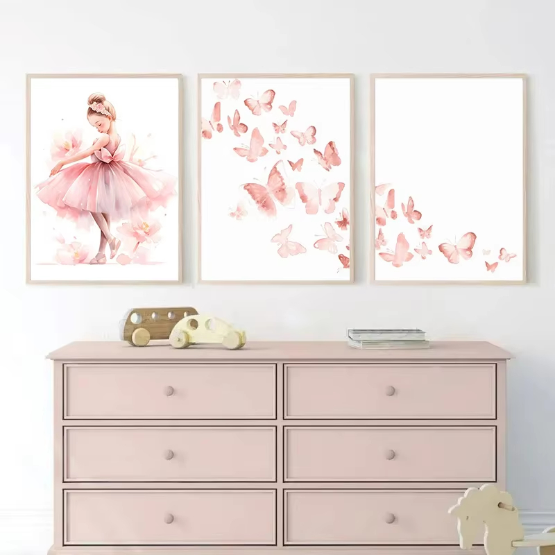 Baby Unicorn Nursery - Roze Ballerina Meisje Eenhoorn Vlinder Poster