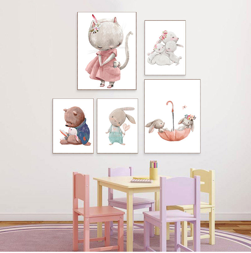 Baby Nursery Animal Prints - 1PC frameloze decoratieve kunstprint, Bear Rabbit