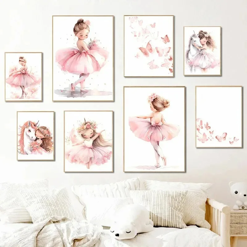 Baby Unicorn Nursery - Roze Ballerina Meisje Eenhoorn Vlinder Poster