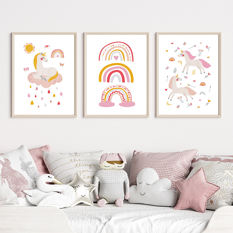 Baby Unicorn Nursery - Kawaii Cartoon Eenhoorn Regenboog Zon Wolk