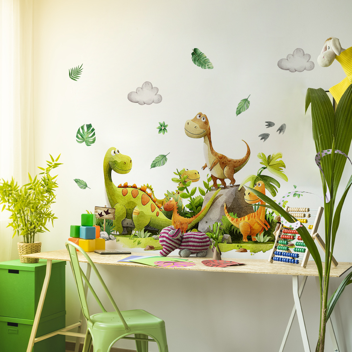 Baby Nursery Green - Cartoon dinosaurus muursticker groen blad vinyl