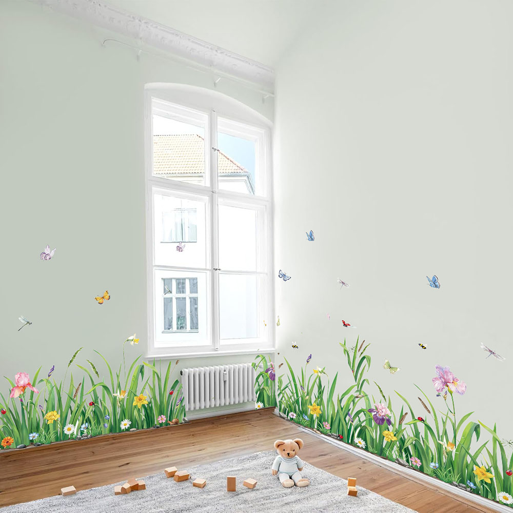 Baby Nursery Green - Groen gras bloemen Borader muursticker babykamer