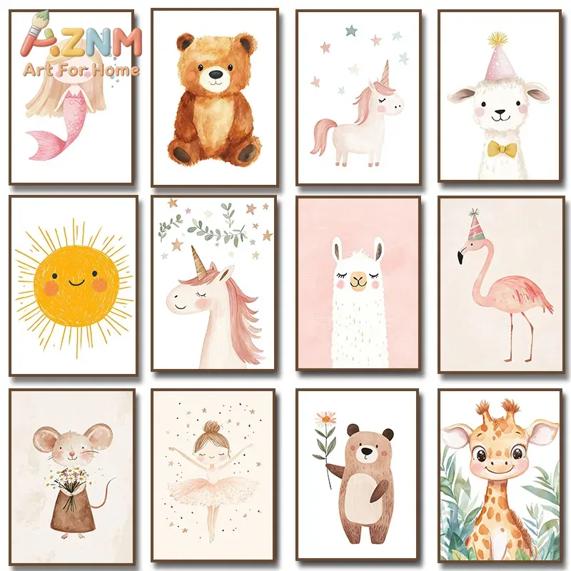 Baby Unicorn Nursery - AZNM Waterverf Schattige Dieren Canvas Wandkunst