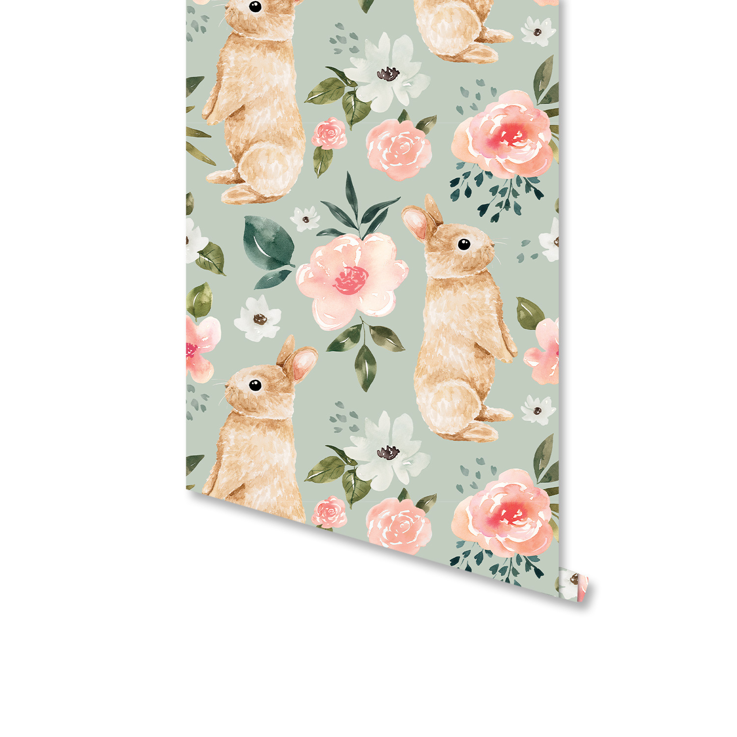 Baby Nursery Green - Saliegroen konijntje bloemenbehang konijn roze bloem