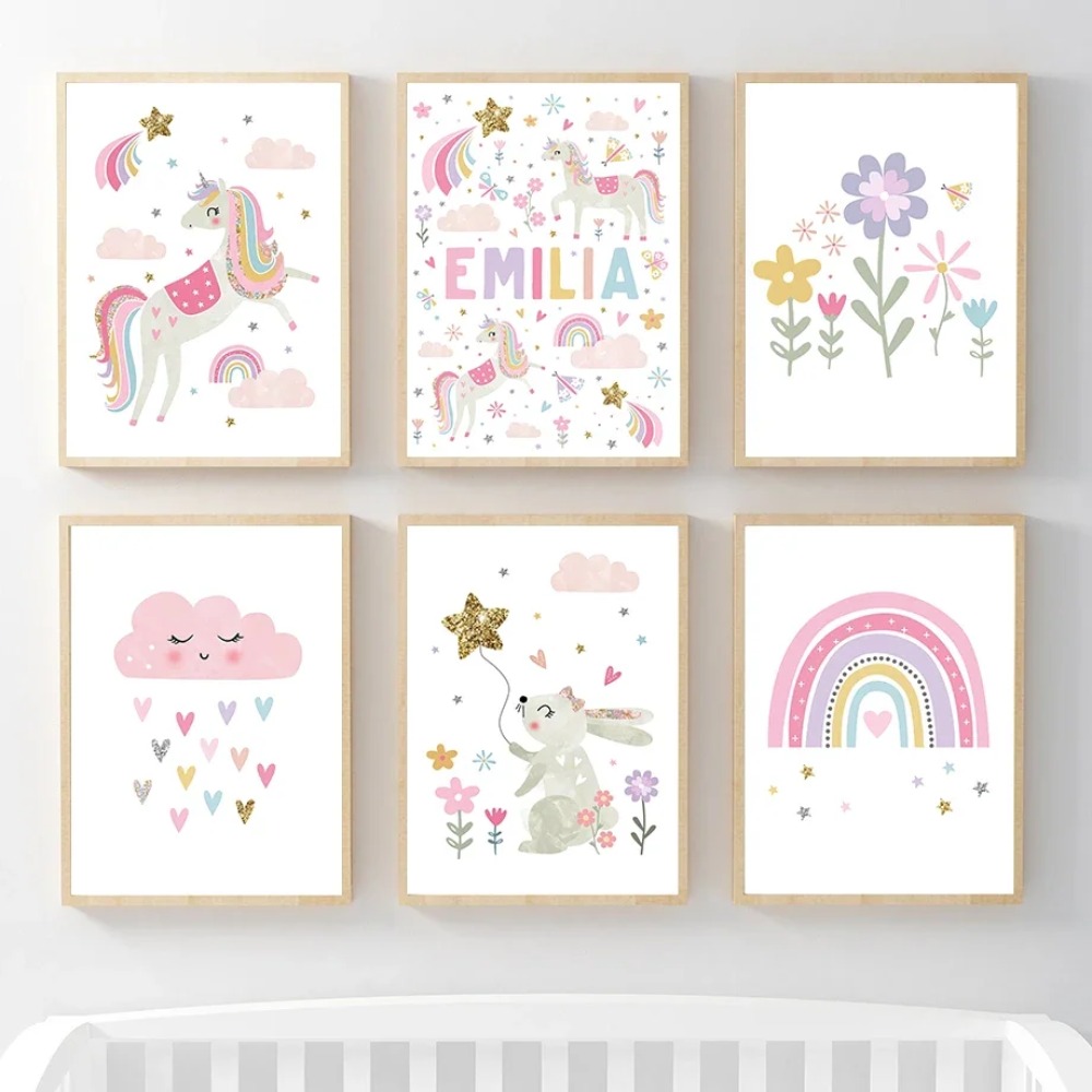 Baby Unicorn Nursery - Roze Eenhoorn Konijn Regenboog Wolk Bloem