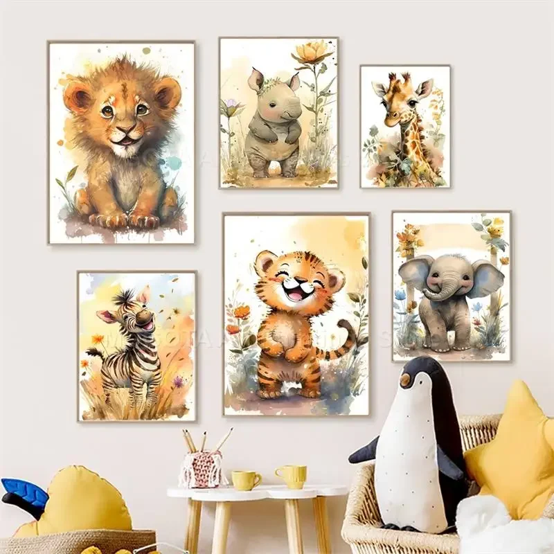 Baby Nursery Animal Prints - Aquarel Leeuw Giraffe Tijger Olifant Zebra