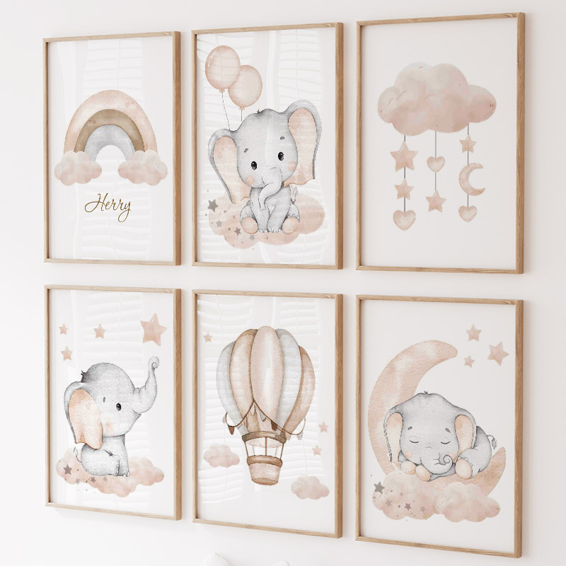 Baby Nursery Animal Prints - Leuke Olifant Hot Ballon Maan Regenboog