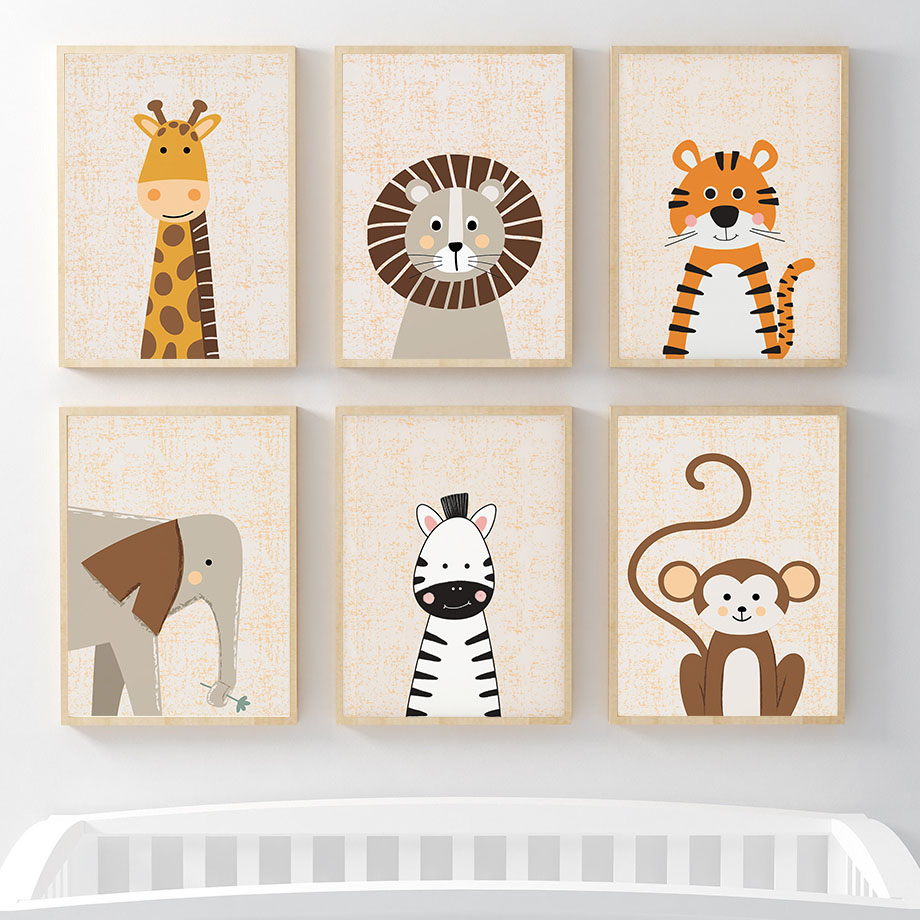 Baby Nursery Animal Prints - Leeuw Giraffe Olifant Zebra Aap Kinderkamer