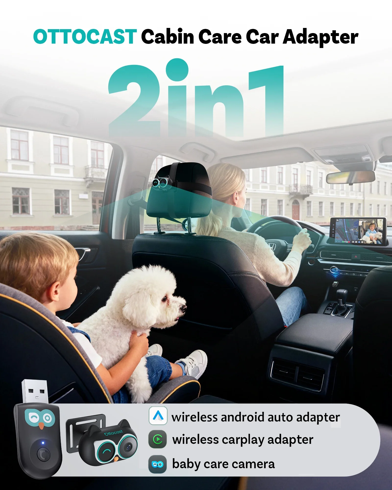 Baby Monitor Split Screen - OTTOCAST Cabin Care Draadloze CarPlay Adapter