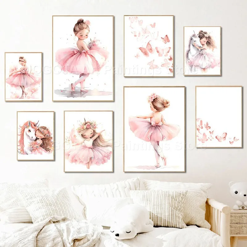 Baby Unicorn Nursery - 1 stuk--Roze Meisje Eenhoorn Ballerina Vlinder
