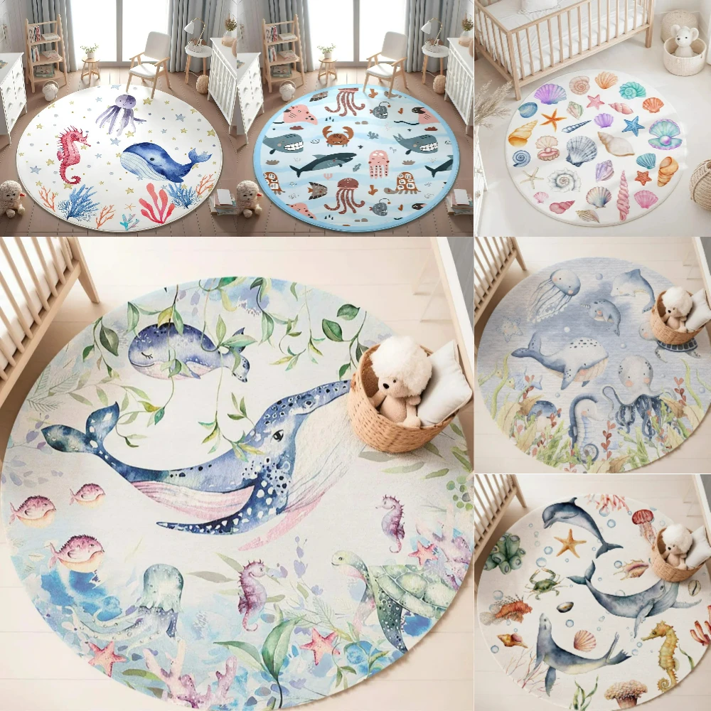 Baby Nursery Animal Prints - Blauw mariene dieren rond tapijt voor