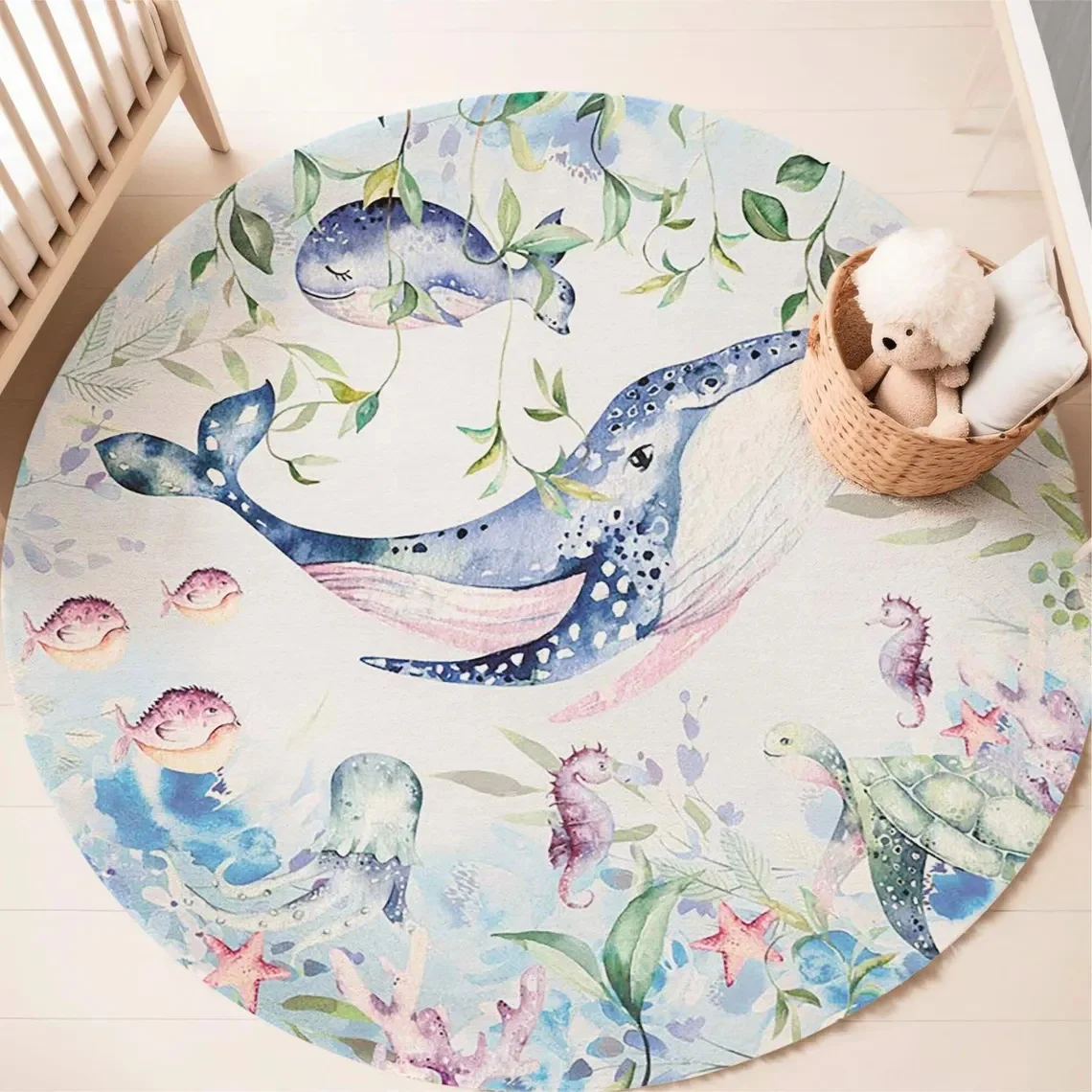 Blauw mariene dieren rond tapi - Baby Nursery Animal Prints recensie en prijs