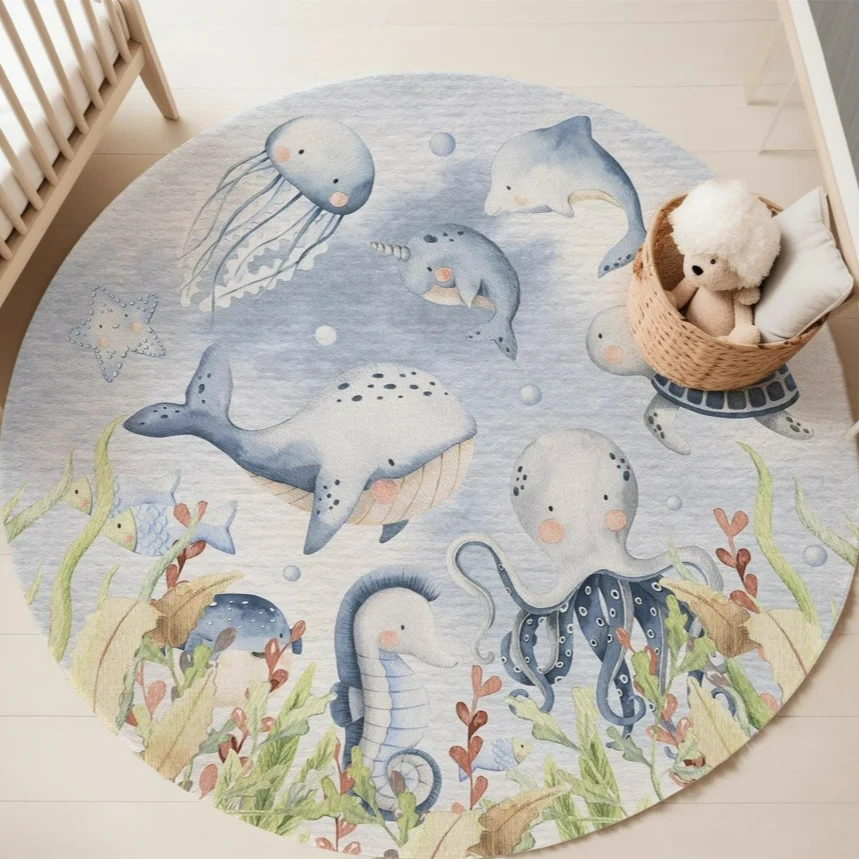 Blauw mariene dieren rond tapi - Baby Nursery Animal Prints recensie en prijs